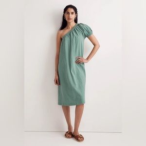 NWT Madewell Seersucker One-Shoulder Puff-Sleeve Midi Dress, Small, Green